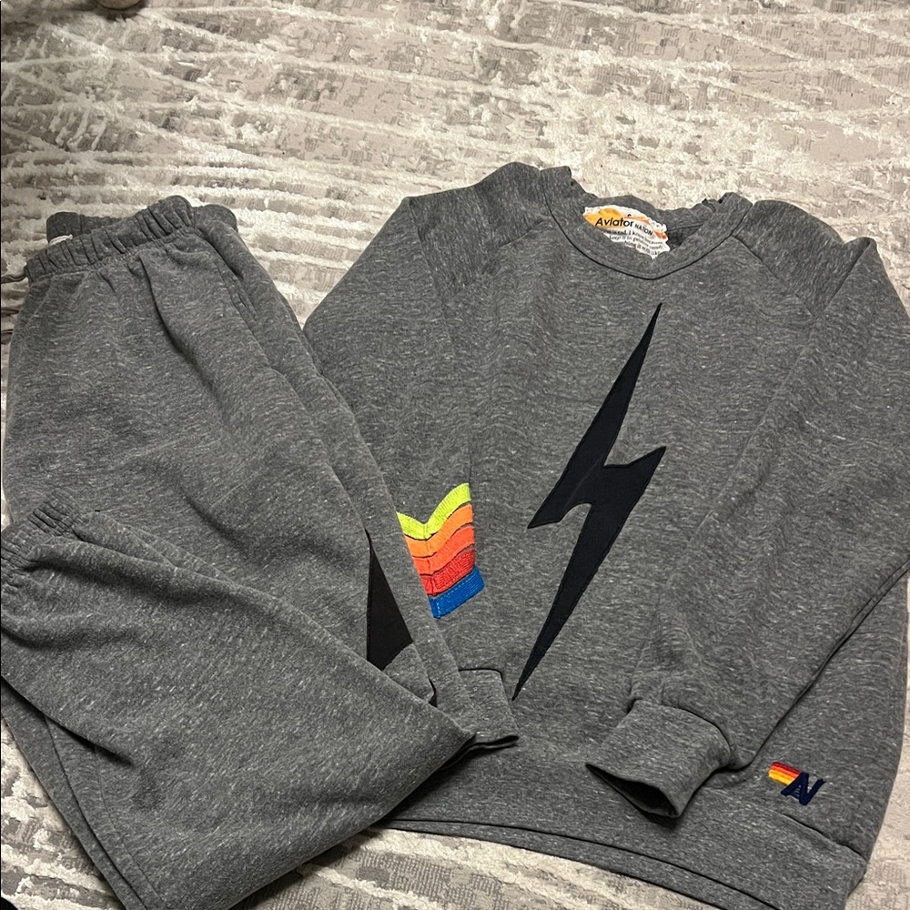 Aviator Nation Gray Sweatshirt&sweat pant with Lightning Bolt and Rainbow Sleeve